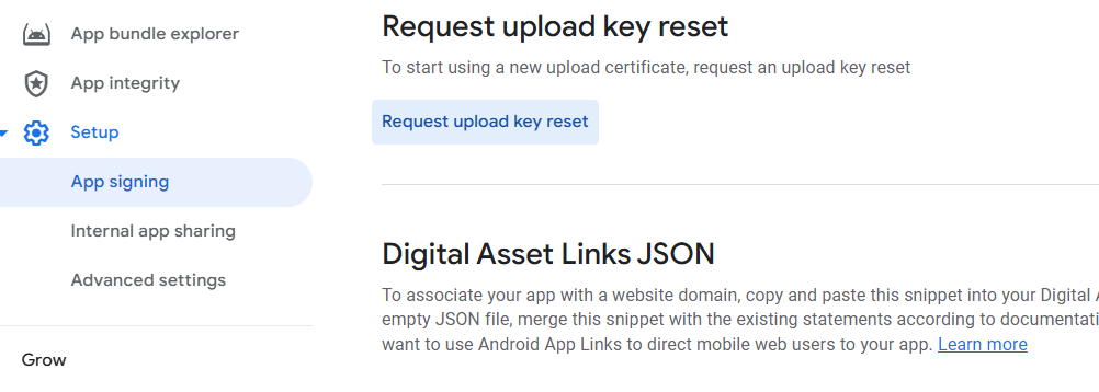 upload key reset in play console